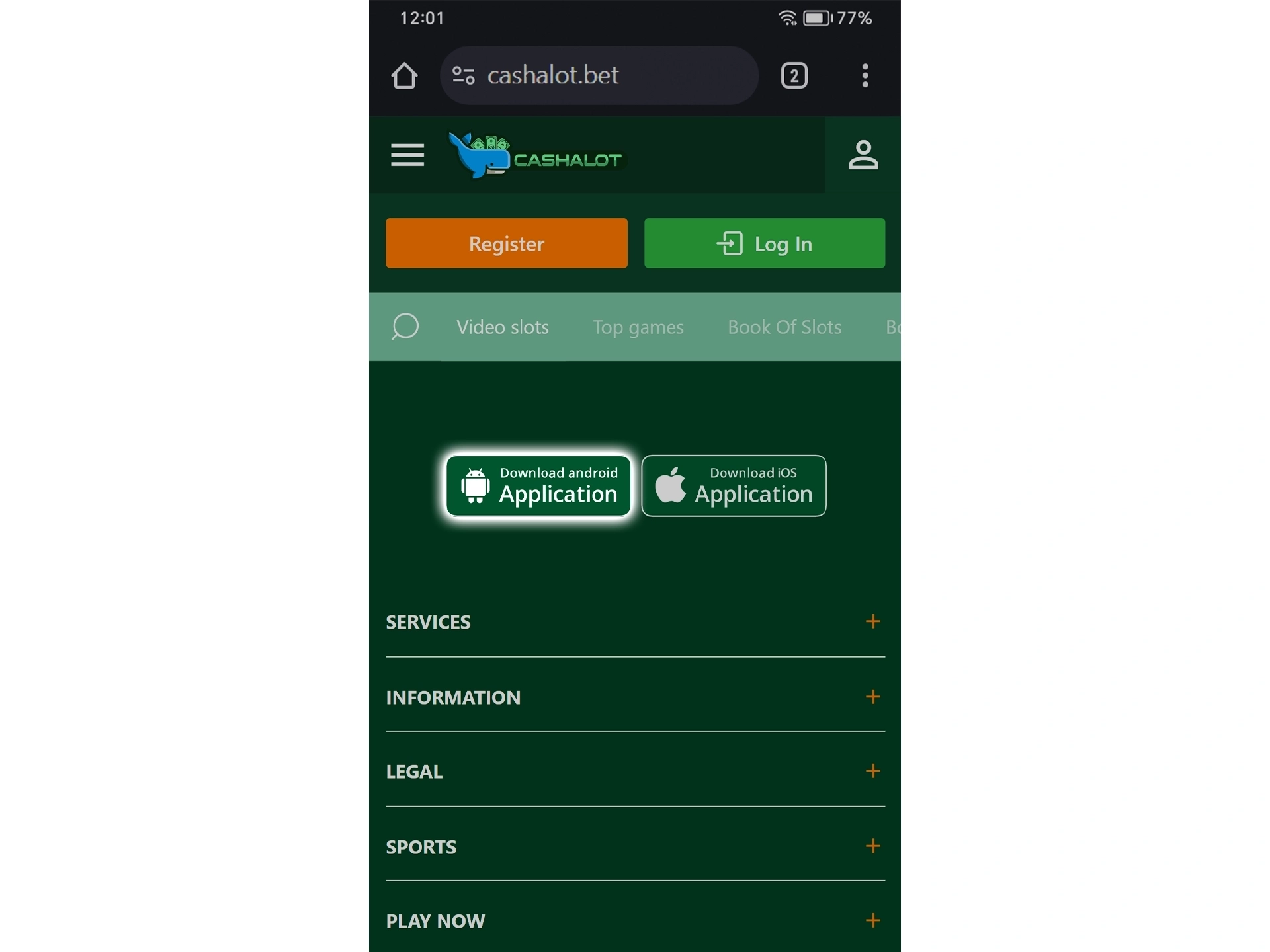 Open the Cashalot.bet website and start downloading the app for Android.