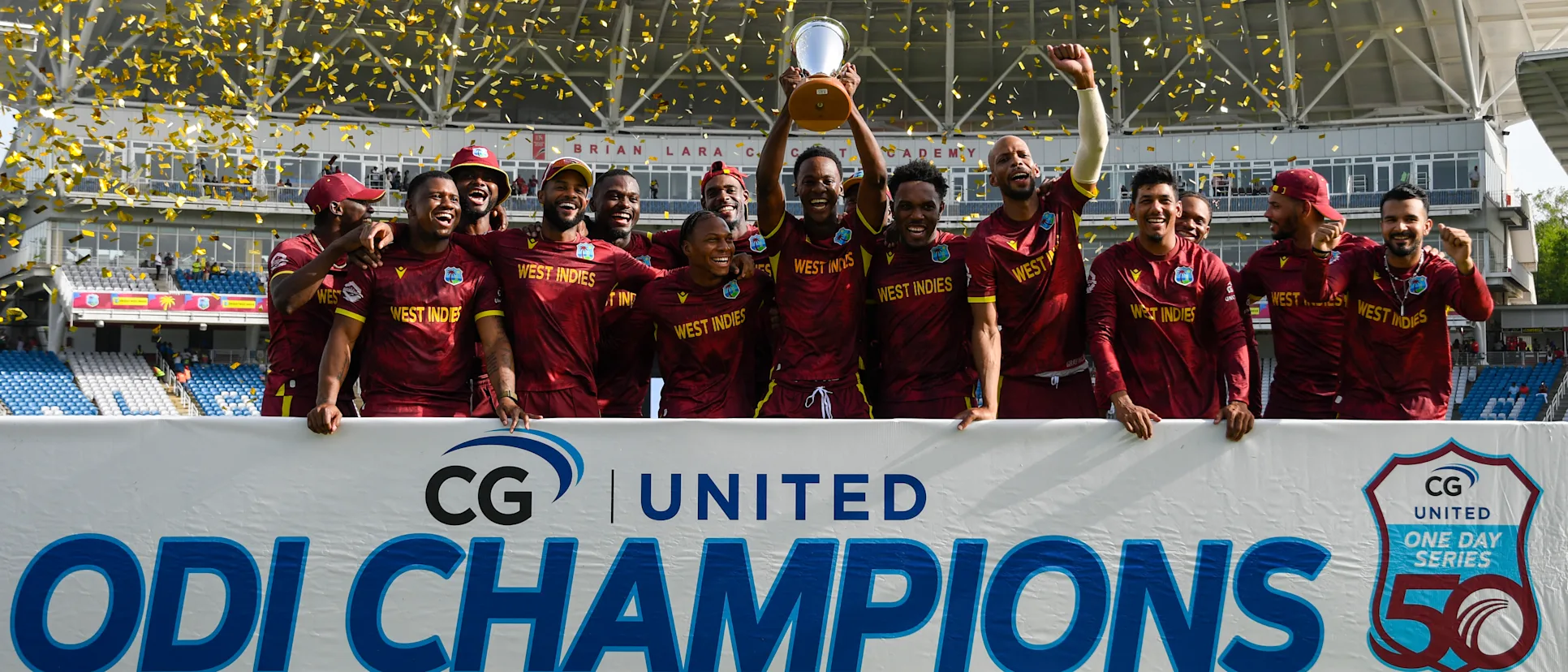 West Indies team after beating Pakistan in the three-match ODI series in Trinidad.