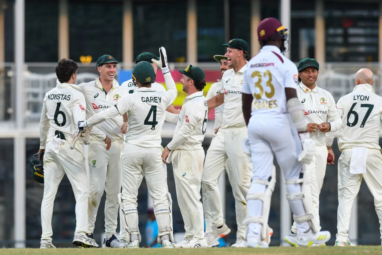 Australia celebrate after defeating West Indies by 159 runs on third day of the first Test in Barbados.